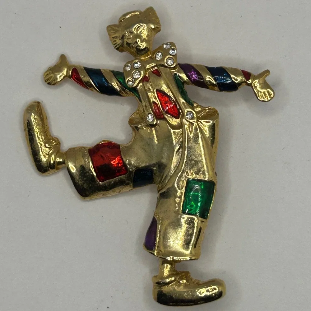 Dancing Circus Clown‎ Brooch Gold tone Multi Enamel Rhinestone Figural Pin